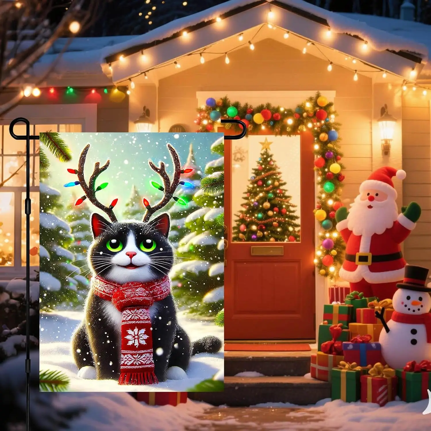 Christmas Cat Garden Flag 12x18 Inch Holiday Reindeer Antlers Lights Yard Banner Winter Outdoor Decoration Double Sided Cute PPZ