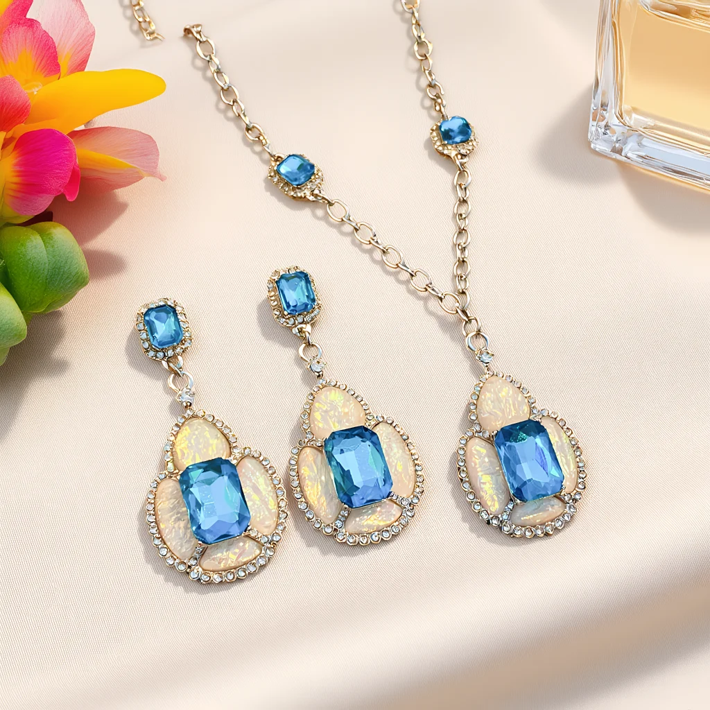 

3pcs Elegant Vintage Jewelry Set for Women Elliptical Flower Necklace Shiny Crystal Choker Bridal Wedding Blue Earrings Party