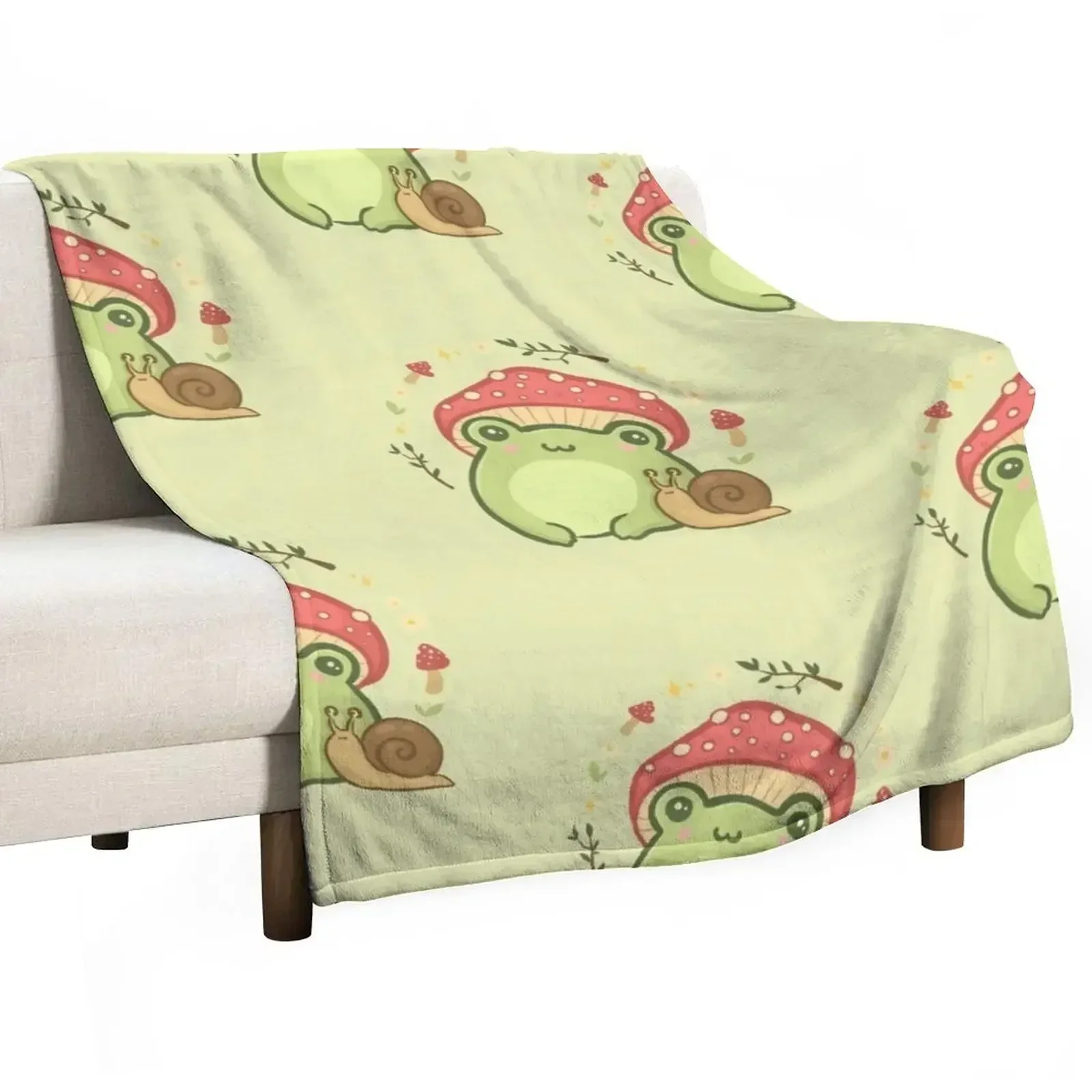 Super Cute Kawaii Frog with Toadstool Mushroom Hat Snail - Cottagecore Aesthetic Forggy Mushrooms - Amanita Muscar Throw Blanket