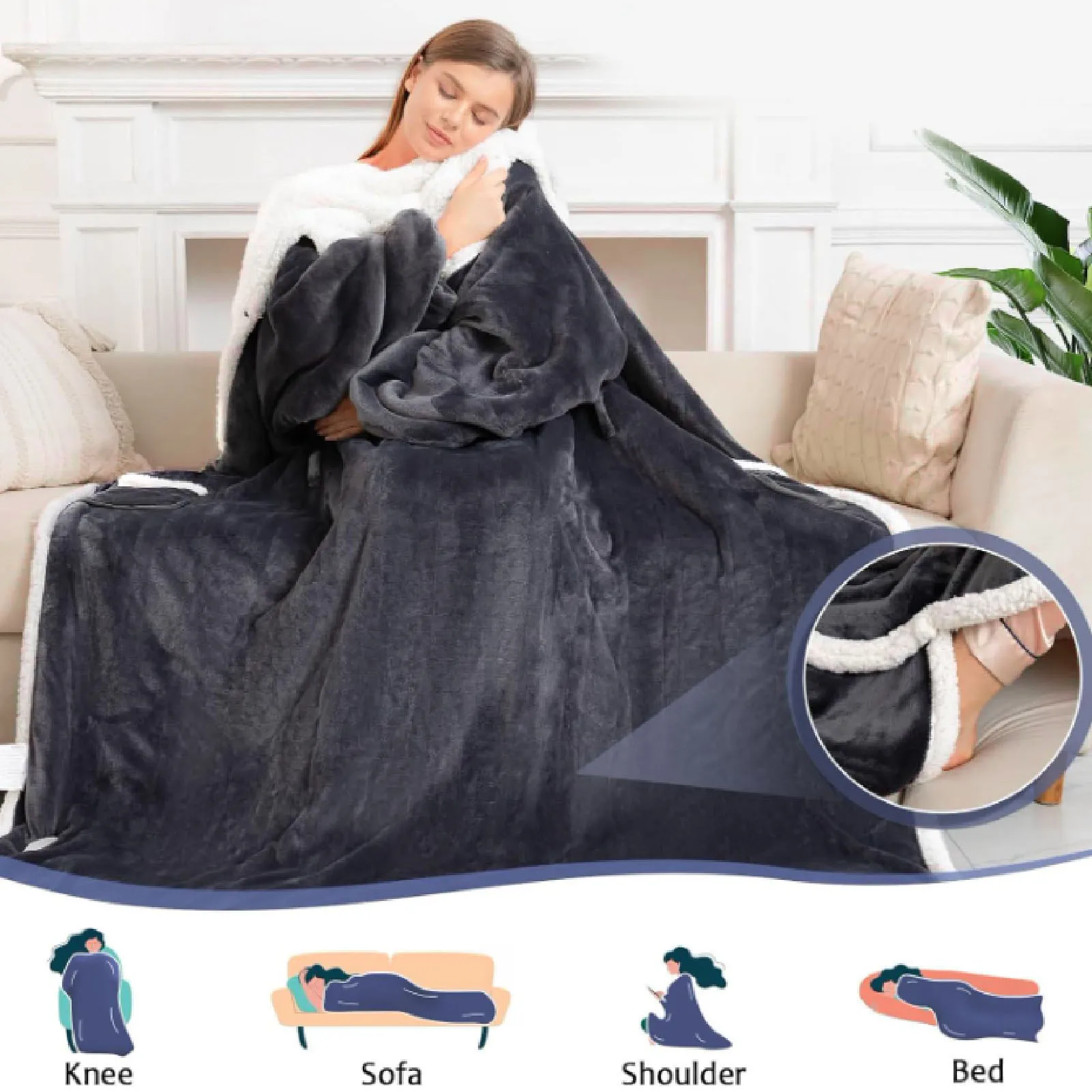 Heated Blanket with Sleeves Hood and Foot Pocket Flannel 10 Heating Level Electric Wearable Blanket with 3 Time Setting 50x70in view 3
