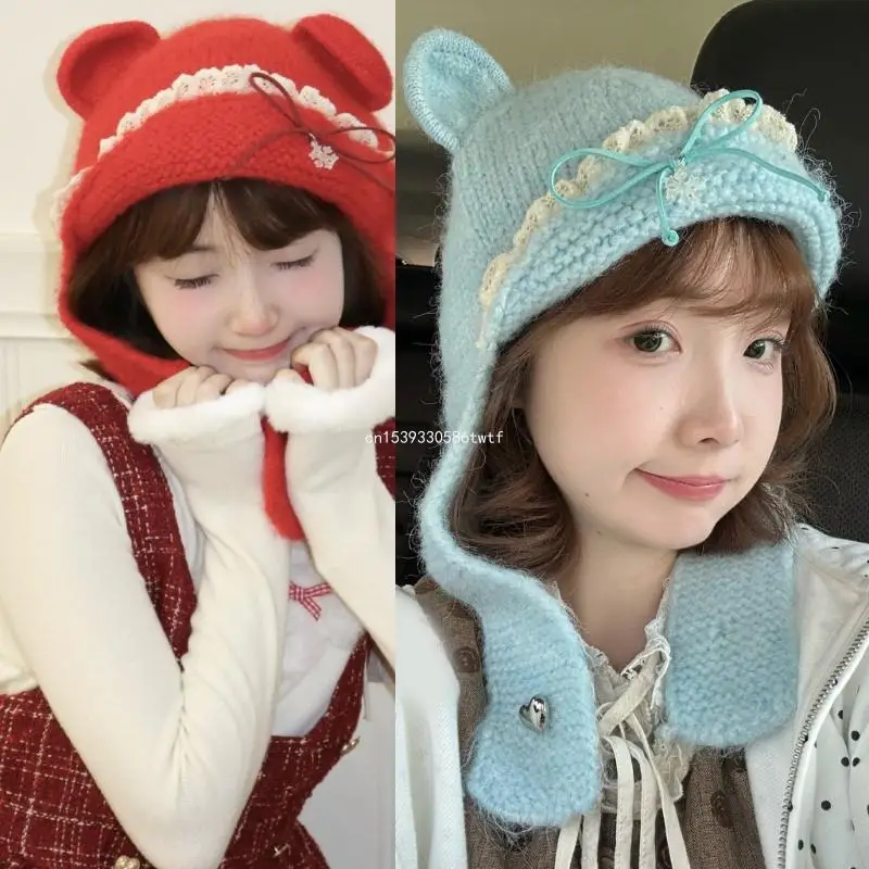 

Bear Ears Knitted Hat with Ear Flaps Warm Winter Crochet Hat Women Knitted Hat Dropship