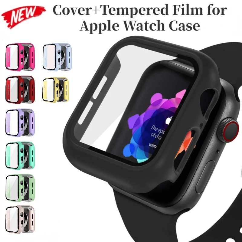 Cover+Tempered Film for Apple Watch Case 45mm 41mm 44mm 42mm 40mm 38mm Glass Protective Cover IWatch Series 9 8 7 6 5 4 SE Case