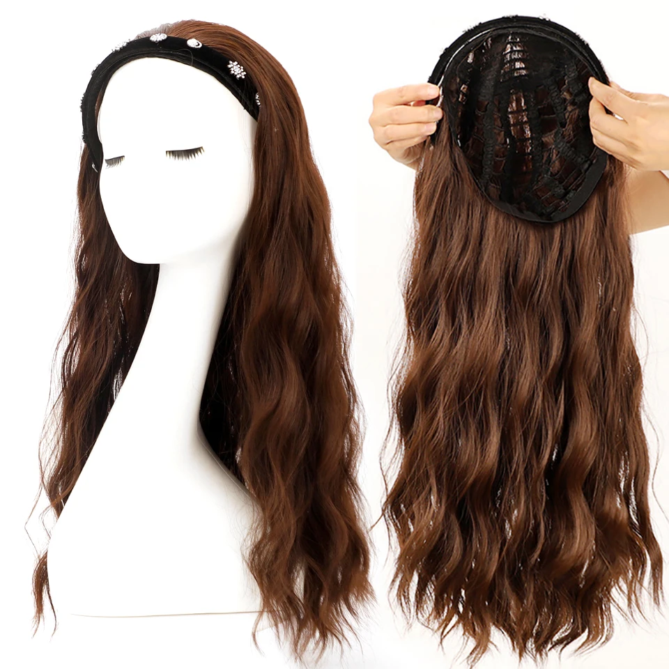 24 Long Wavy Curly Half Wig for Women Natural Female Long Black Brown Wig with Hairband Heat Resistant Synthetic Hair Extension