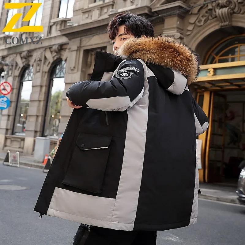 Coxz novo fofo 90 para baixo jaqueta masculina gola casual leve gola de pele quente com capuz casaco puffer zíper cor pura na moda parka