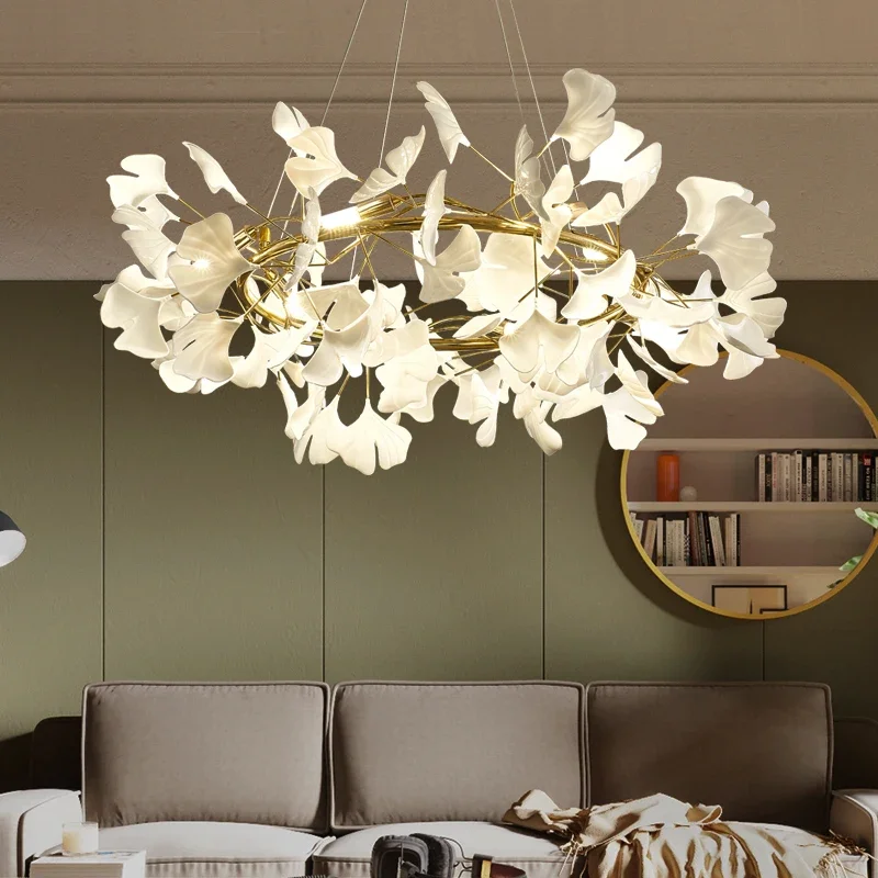 Nordic LED Chandeliers Ginkgo Leaf Branch Gold Pendant Lights Hotel Dining Living Room Bedroom Art Lobby Decoration Chandelier