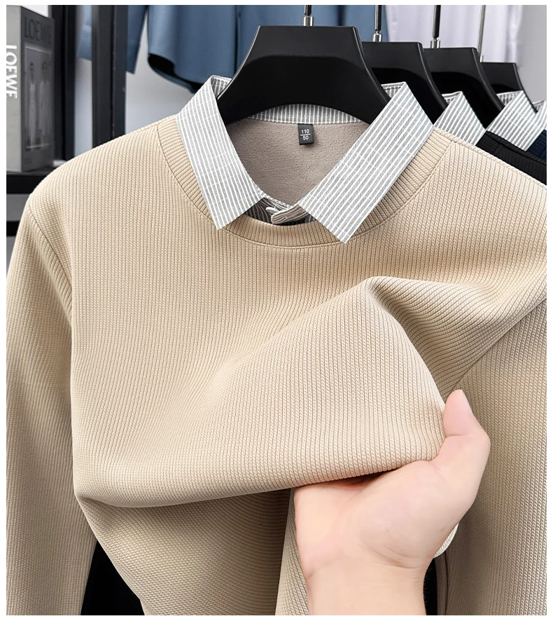 High quality fake two pieces lapel pullover men's new fashion skin friendly comfort plush warm luxurious trend casual sweater