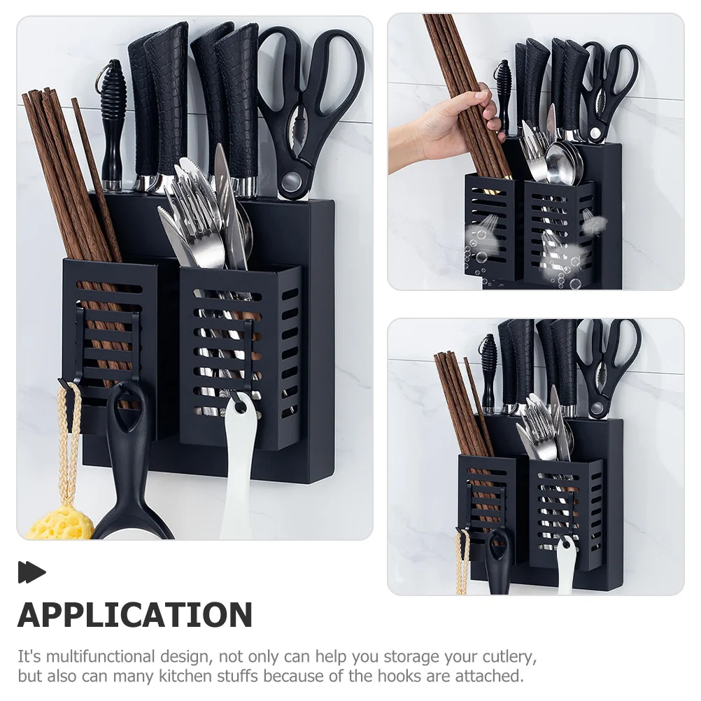 

Stainless Steel Kitchen Utensil Shelf Black Wall Mounted Cutlery Storage Rack Holder Hooks Multifunctional Kitchen Organizer