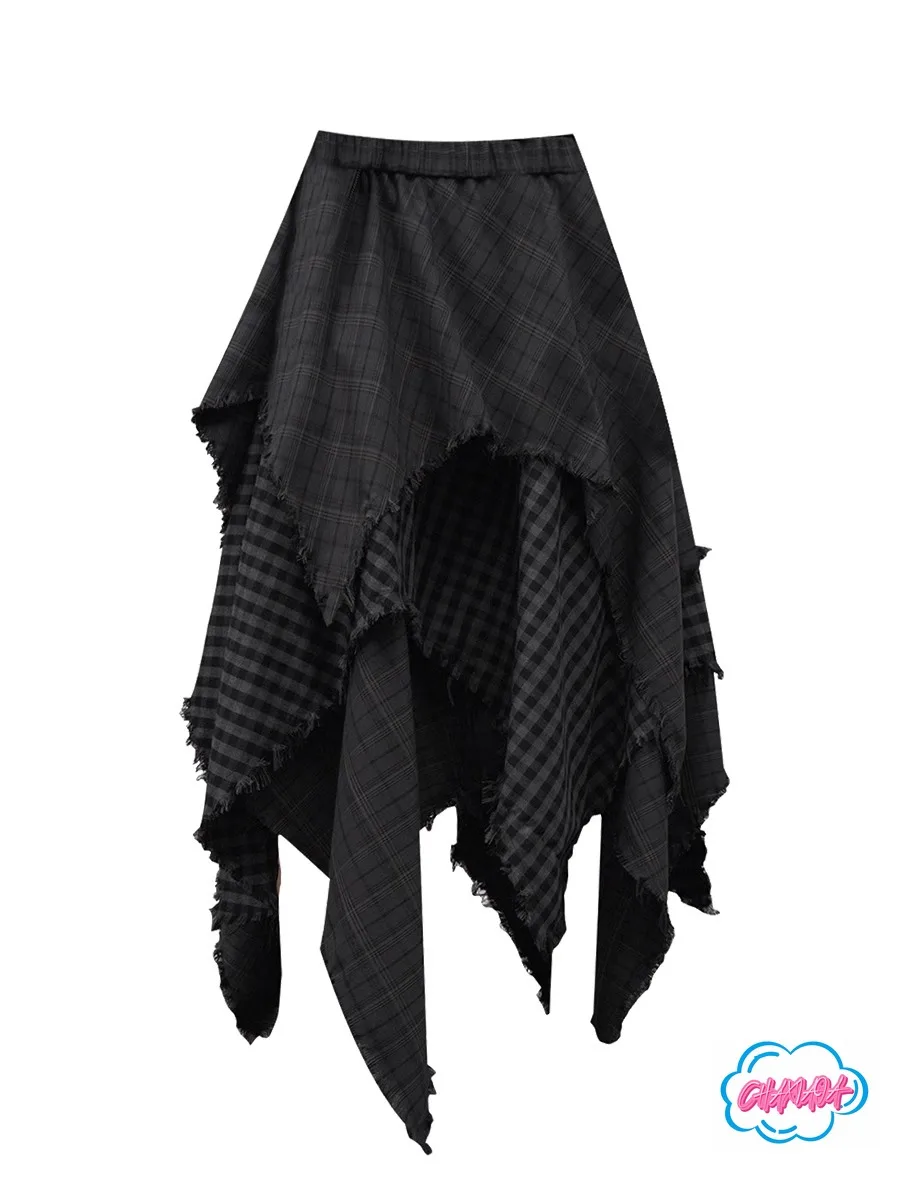 

Japanese Retro Wasteland Wind Irregular Plaid Splicing Maillard Pleated Wandering A Word High Waist Medium and Long Gray Dress