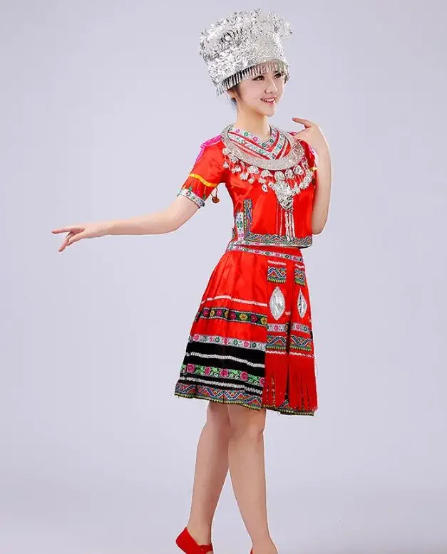 Hmong-vestido de dança folclórica étnica para mulheres, estilo curto de palco, dança folclórica chinesa, miao