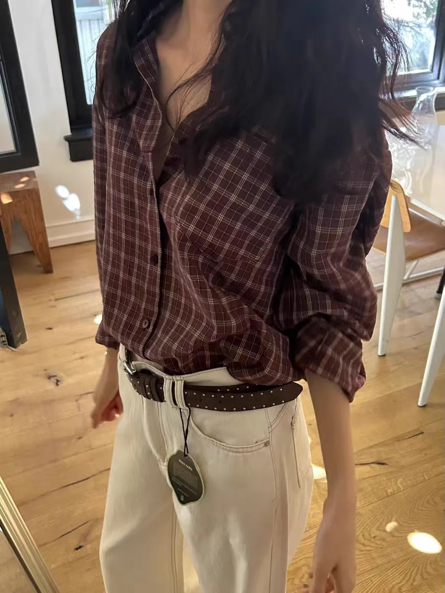 

Retro Sle Long Sve irt Autumn 2025 Dongda Gate Single Button Color Blo Plaid Loose Fit Women's Casual Top