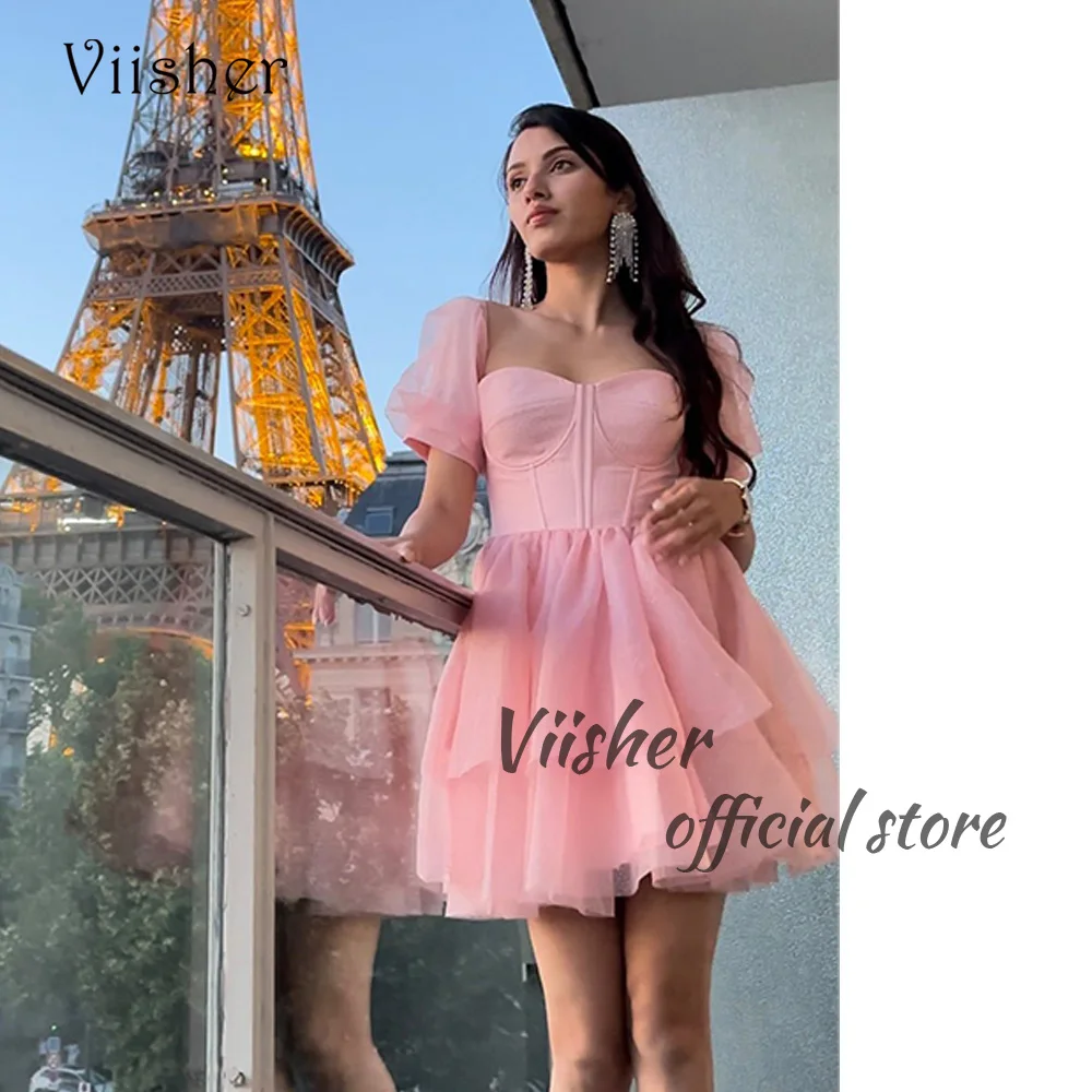 

Viisher Baby Pink Short Prom Dresses Short Sleeve Sweetheart Tulle Fairy Party Dress Above Knee Teens Homecoming Gowns