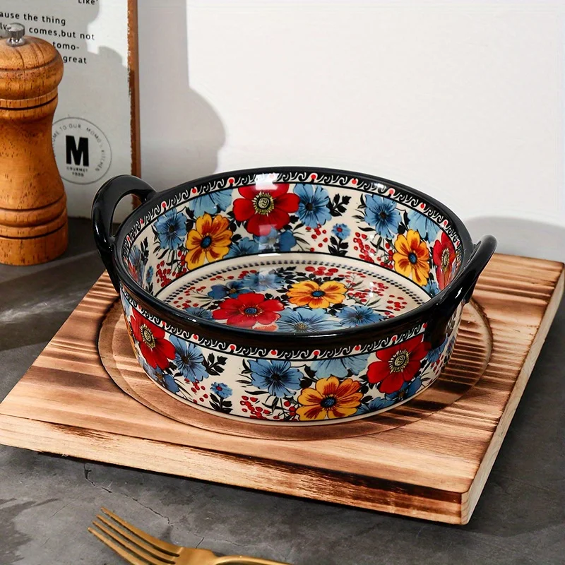 

Honey Picked Red Flower Double Handle Bowl Ceramic Oven Safe Soup Bowl Home Kitchenware