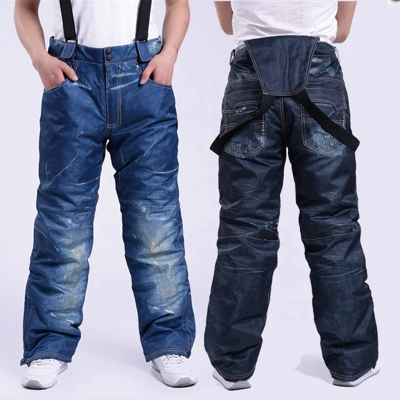 

STLF Wholesale Custom Label Warm Windproof Waterproof Thickened Jeans Ski Pants Overalls With Bib for Men Women
