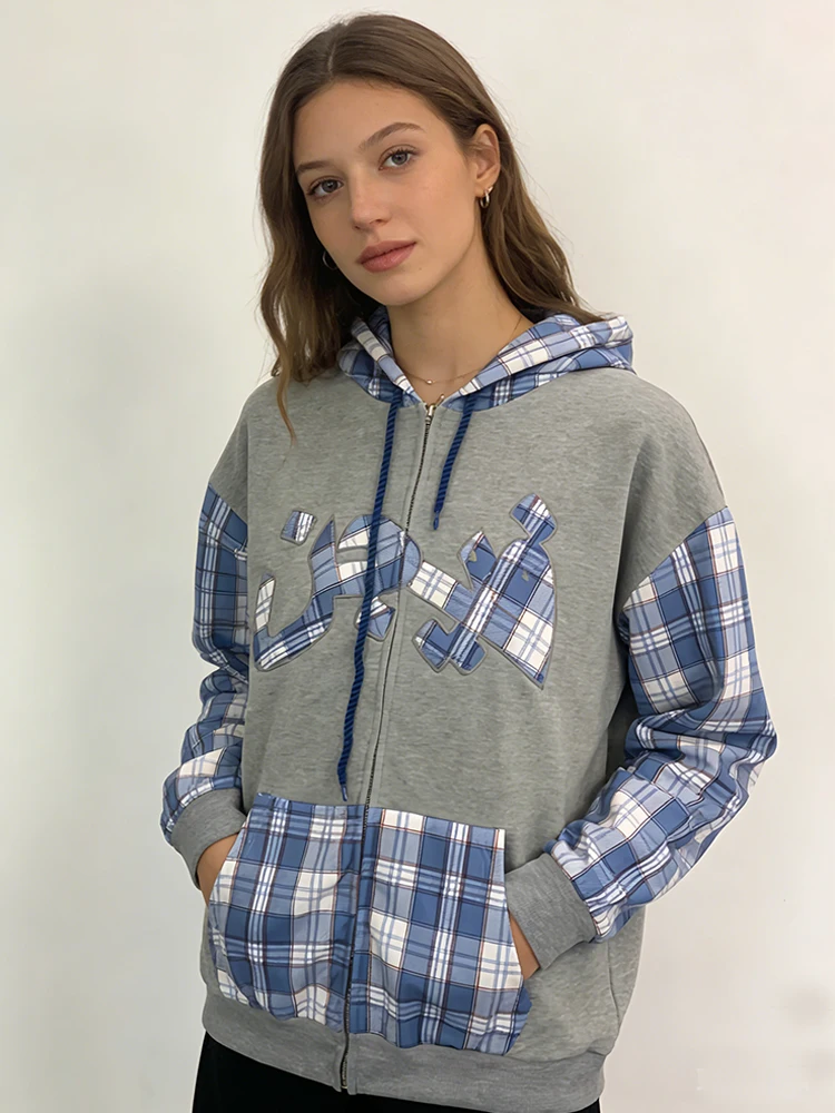 Inverno 2025 Nuova Splicing Fashion Grid Trendy Street Zipper Felpa con cappuccio da uomo e da donna Gothic Beautiful Y2k Abbigliamento Lulu Felpa con cappuccio
