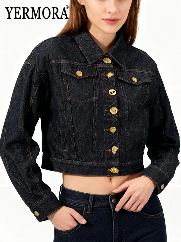 

YERMORA Blue Metal Button Big Size Denim Jacket For Women Lapel Long Sleeve Loose New Coat Fashion Tide Spring Autumn 2025