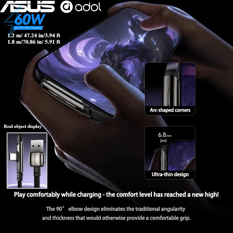 ASUS 60W Type C Cable 90° Elbow Data Sync Fast Charging USB C Cable for Game for  17ProMax/17Pro/17/16ProMax/16Pro/16、Samsung