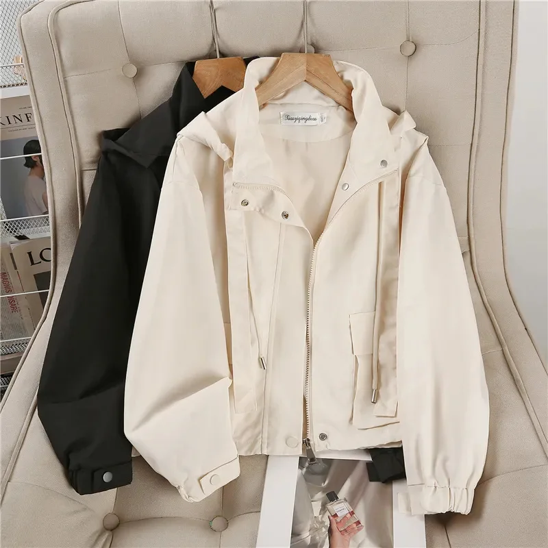 2024 New Tops Hooded Jacket Loose Short Coat Women Spring Autumn Casual Thin Outerwear Tooling Overcoat Fashion Ladies Blouse