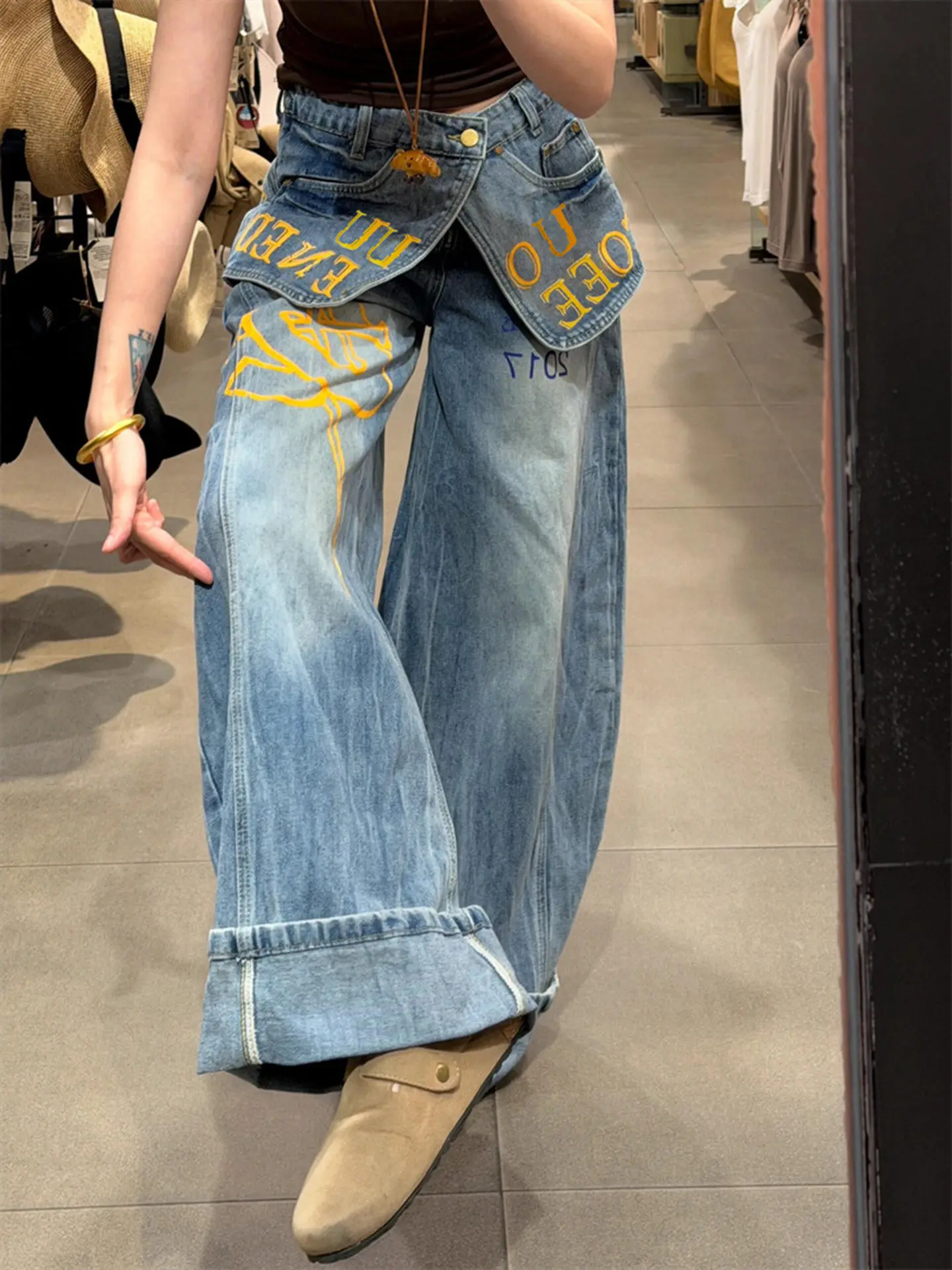 

American Style Hot Girl Graffiti Letter Print High Waist Wide Leg Jeans Women's Spring Design Trendy False Two-Piece Denim Pants
