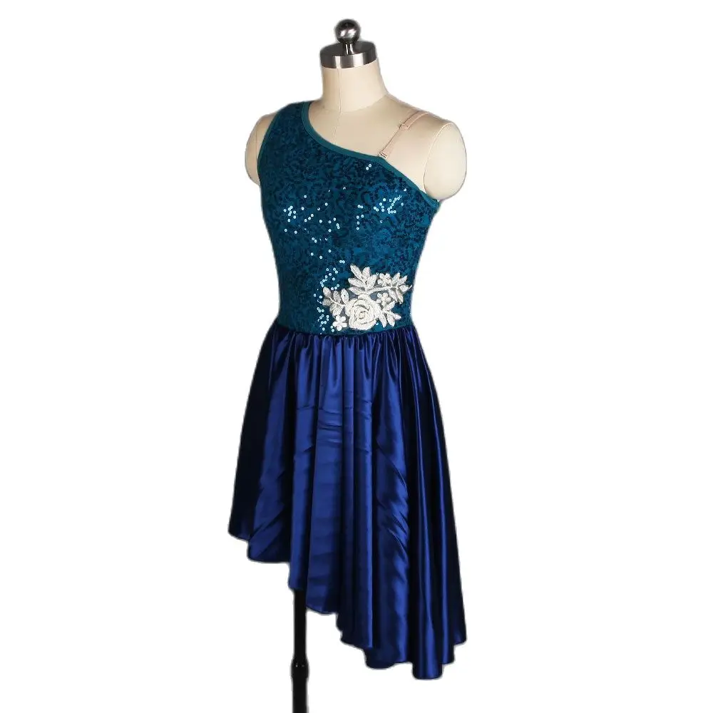 Sequin Lace and Spandex Leotard Bodice with Blue Satin Skirt for Girls and Women Lyrical & Contemporary Dance Ballet Dress 20043