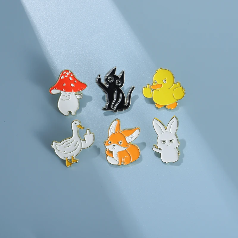 Sarcastic Enamel Pins Custom Animal Rude Finger Brooches Lapel Badges Cartoon Fox Rabbit Duck Cat Jewelry Gift for Kids Friends