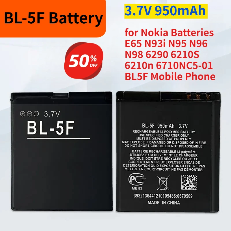 

BL-5F Battery 3.7V 950mAh for Nokia Batteries E65 N93i N95 N96 N98 6290 6210S 6210n 6710NC5-01 BL5F Mobile Phone Rechargeable