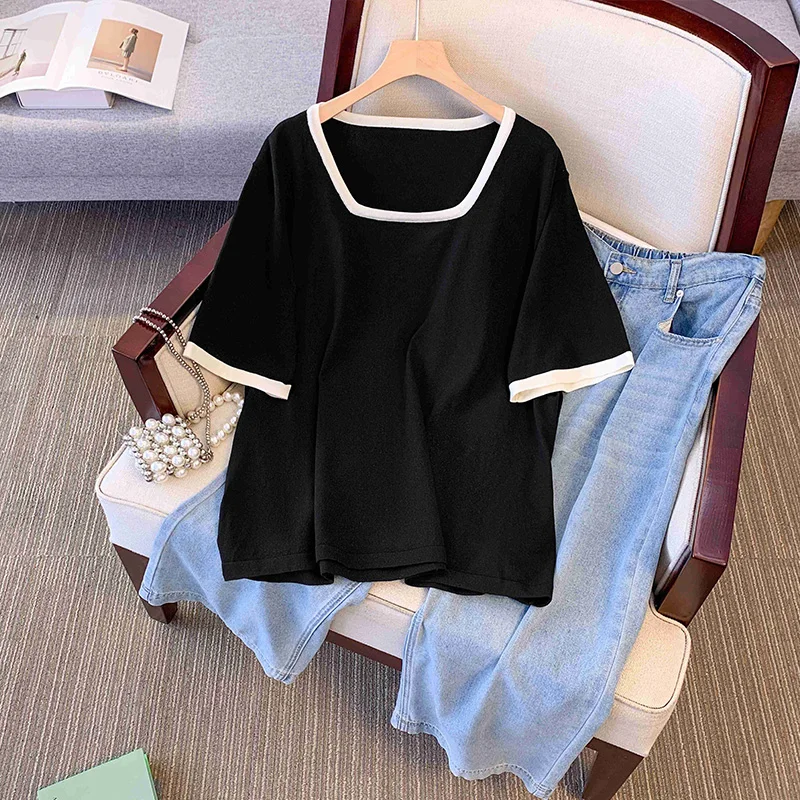 Plus size, loose fit T-shirt, chubby mm summer short sleeved square neck knit sweater, loose belly covering, slimming 9171