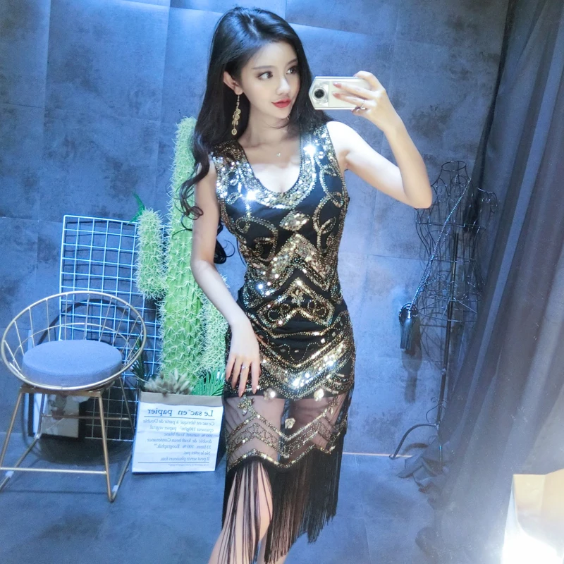 

Club Women's Dr Mid-Length Sequin Wrap Slimming Tassel Gown Birthday Par Evening Gown Vintage Sle High Waist