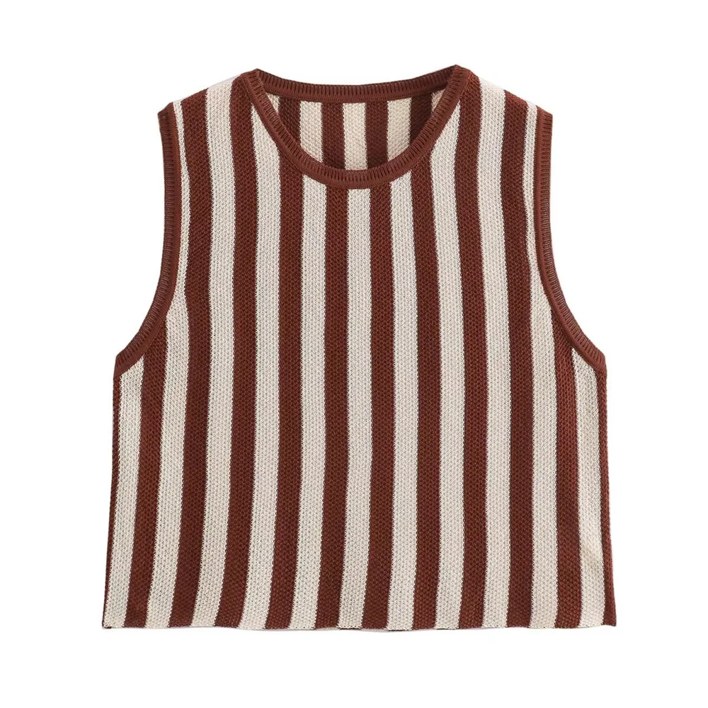 European And American 2024 Summer Women\'s New Fashion And Casual Style Round Neck Sleeveless Knitted Stripe Top And Pants Set