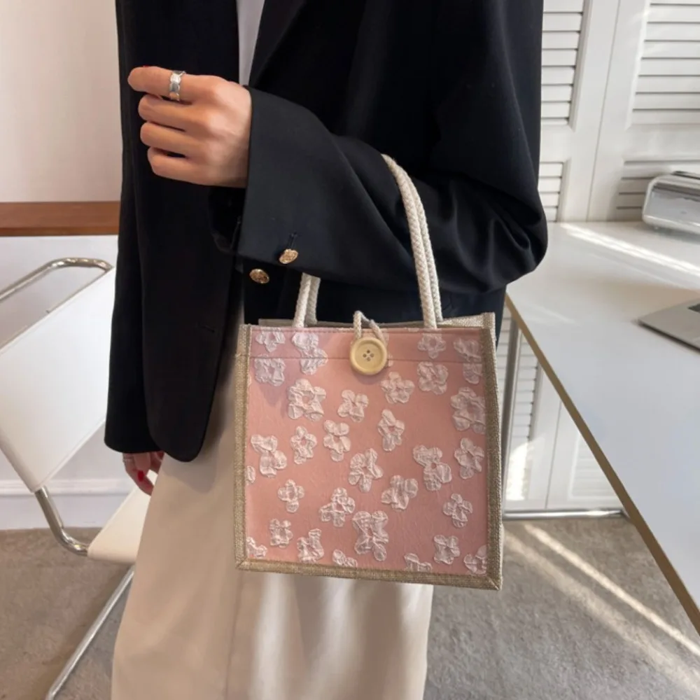 Mommy Bag Zipper Flower Linen Bag Large Capacity Button Love Heart Tote Bag Lunch Bag Gift Bag Linen Handbag Travel