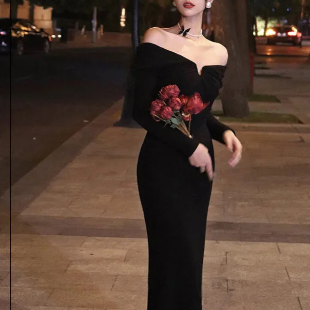 

7859 Spring 14 Needle High Twist Cotton Solid Color Off-Shoulder V-Neck Waist-Cinching Slimming Knitted Inner Long Dress