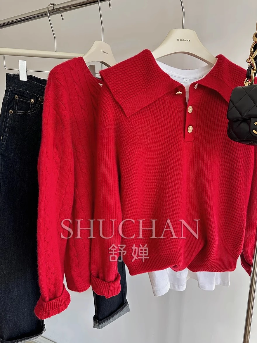 

100 Cashmere Age-reducing Red Ingot Needle Lapel Cashmere Pullover Blusa De Frio Feminina Sueter Mujer