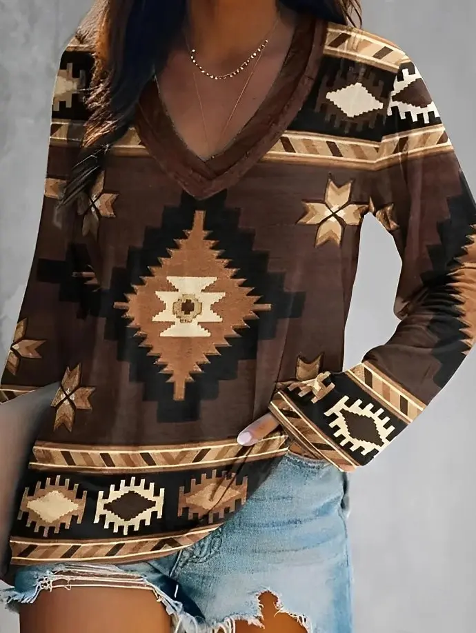

2025 Women's T-Shirt Graphic Geometric Tribal Elegant Fashion Tee Long Sleeve T-shirts V-Neck Regular Tops Pullover Fall Winter