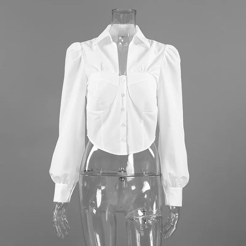 TARUXY Commuting White Bubble Sleeve Shirt For Women Lapel Slim Single Breasted Blouses Female 2025 Autumn Fashion Short Top