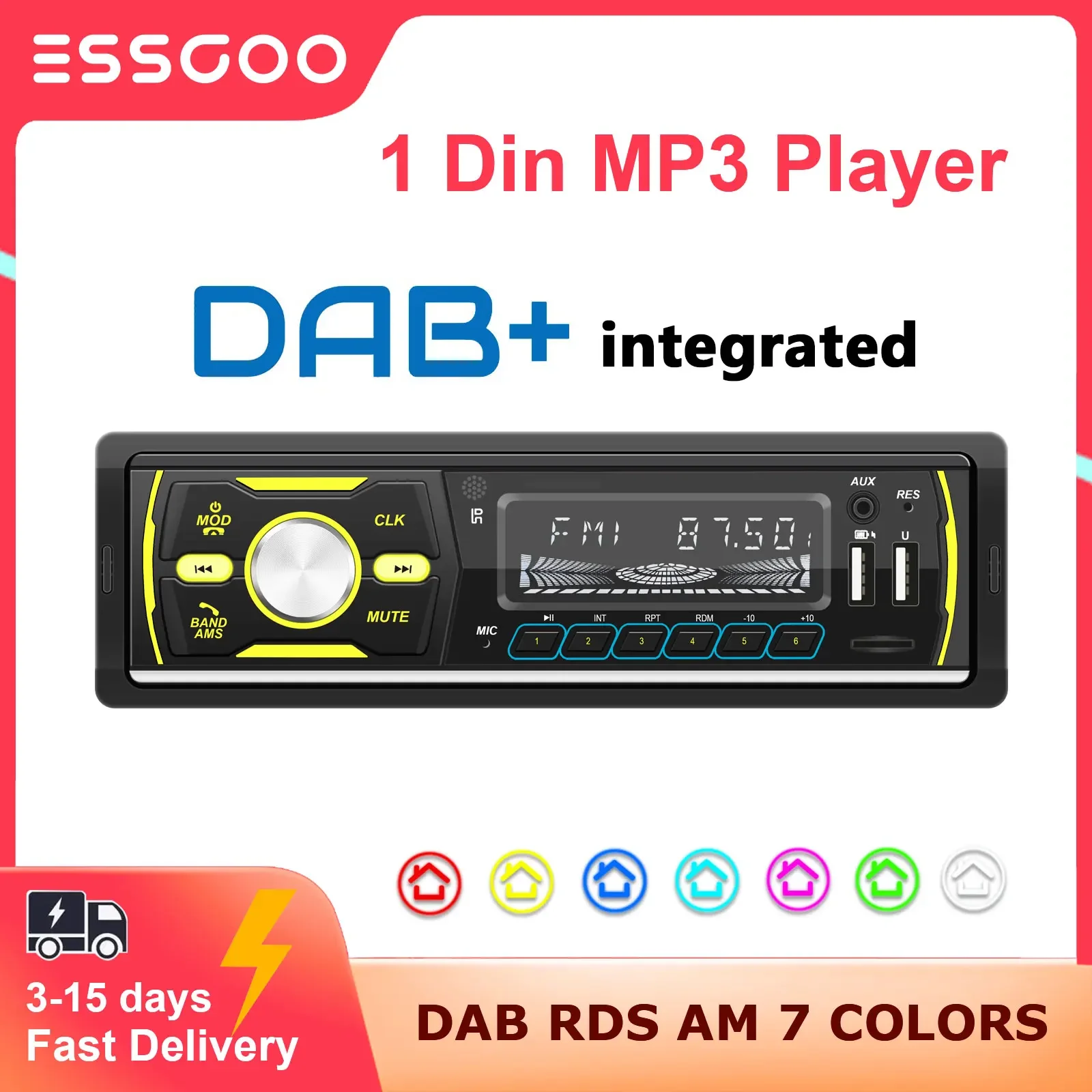 ESSGOO-Car Multimedia Player, Autoradio, 1 Din, MP3, DAB, RDS, AM, FM Stereo Radio, 7 Colors Button, Bluetooth, Central, Audio