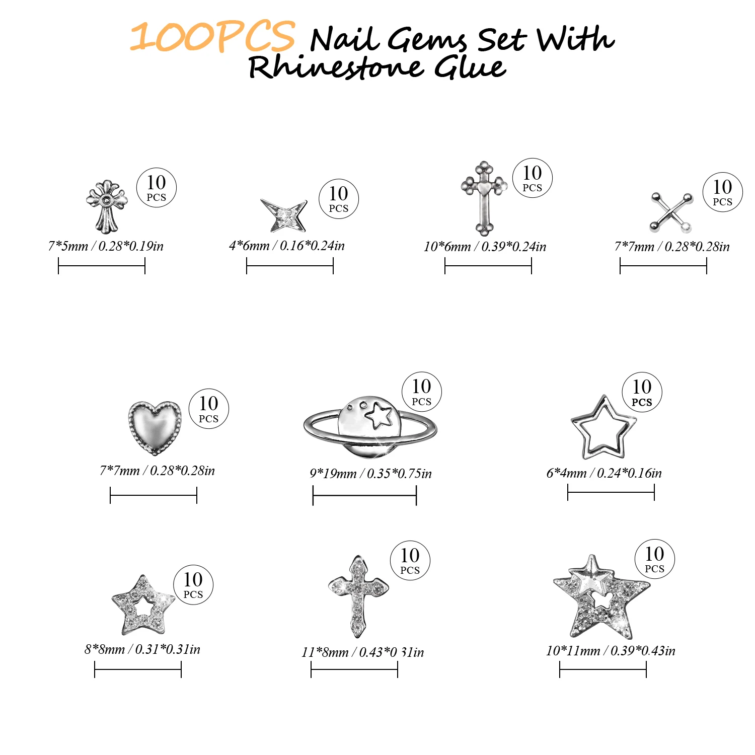 Diamantes para uñas Ebanku, 100 diamantes decorativos para decoración de uñas de plata Y2K, lazo de mariposa, estrella, cruz, palo para uñas, gema acrílica 3D para uñas, diseño DIY (10 estilos)