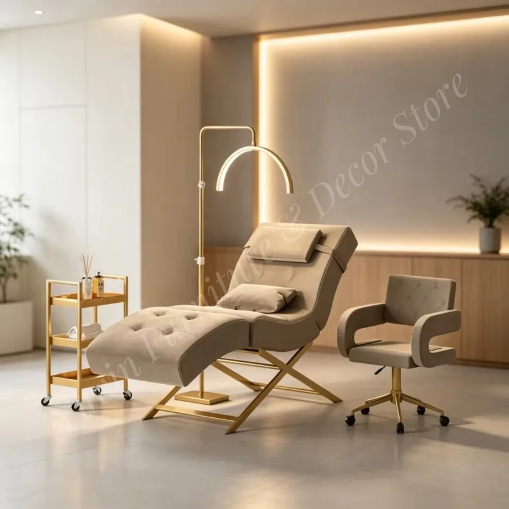 Modern Beauty Salon Red Fabric Eyebrow Bed Luxury Gold Base Saloon Furniture Cosmetic Eyelash Bed With Trolley