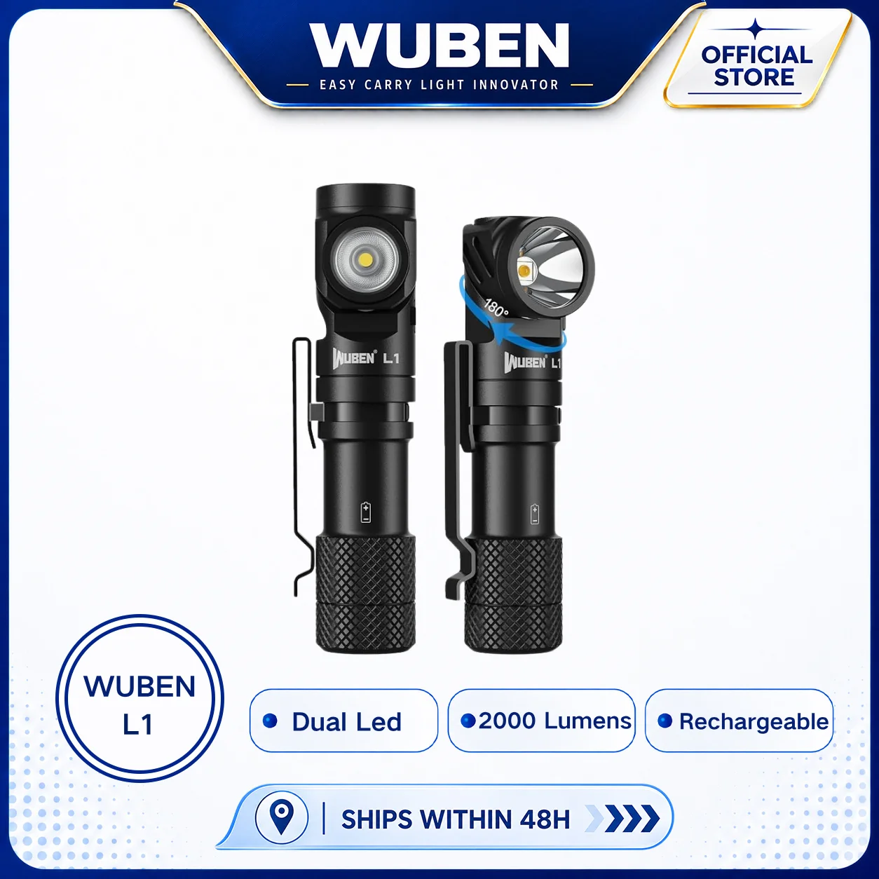 WUBEN L1 Swivel Head Flashlight 2000 Lumen Dual Led of Spotlight and Floodlight Emitter Magnetic Tail IP68 Rating for Woker