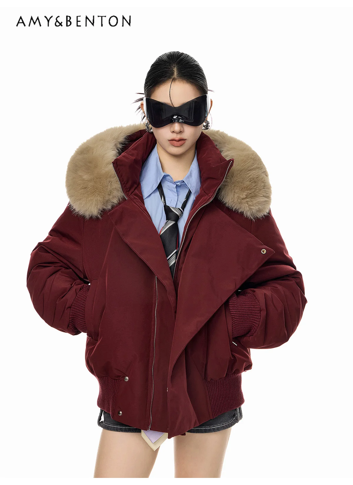 

2025 Winter American Style Women's Warm Thickened Wine Red Navy Blue White Loose Casual Fur Collar Hooded Cotton Jacket