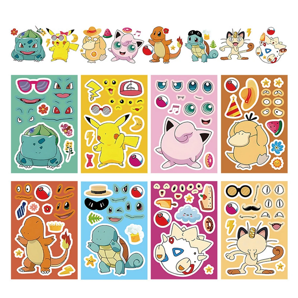 8/16sheets Kawaii Cute Anime Pokemon Pikachu Puzzle Stickers Make a Face DIY Funny Cartoon Assemble Jigsaw Educational Toy Decal