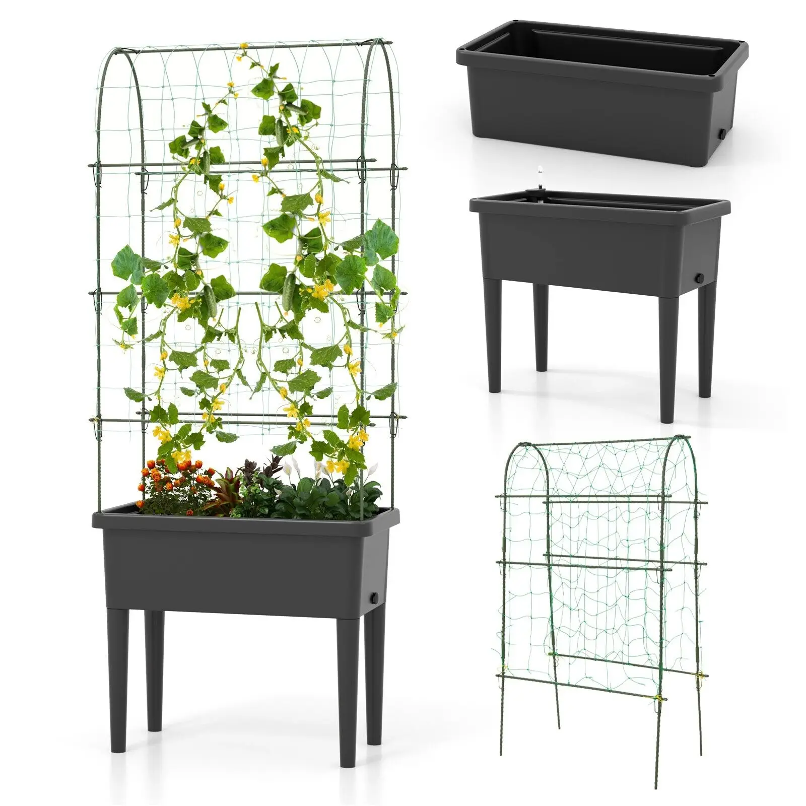 GOFLAME Raised Garden Bed Self-Watering Planter Bed Kit Garden Planter w/Trellis