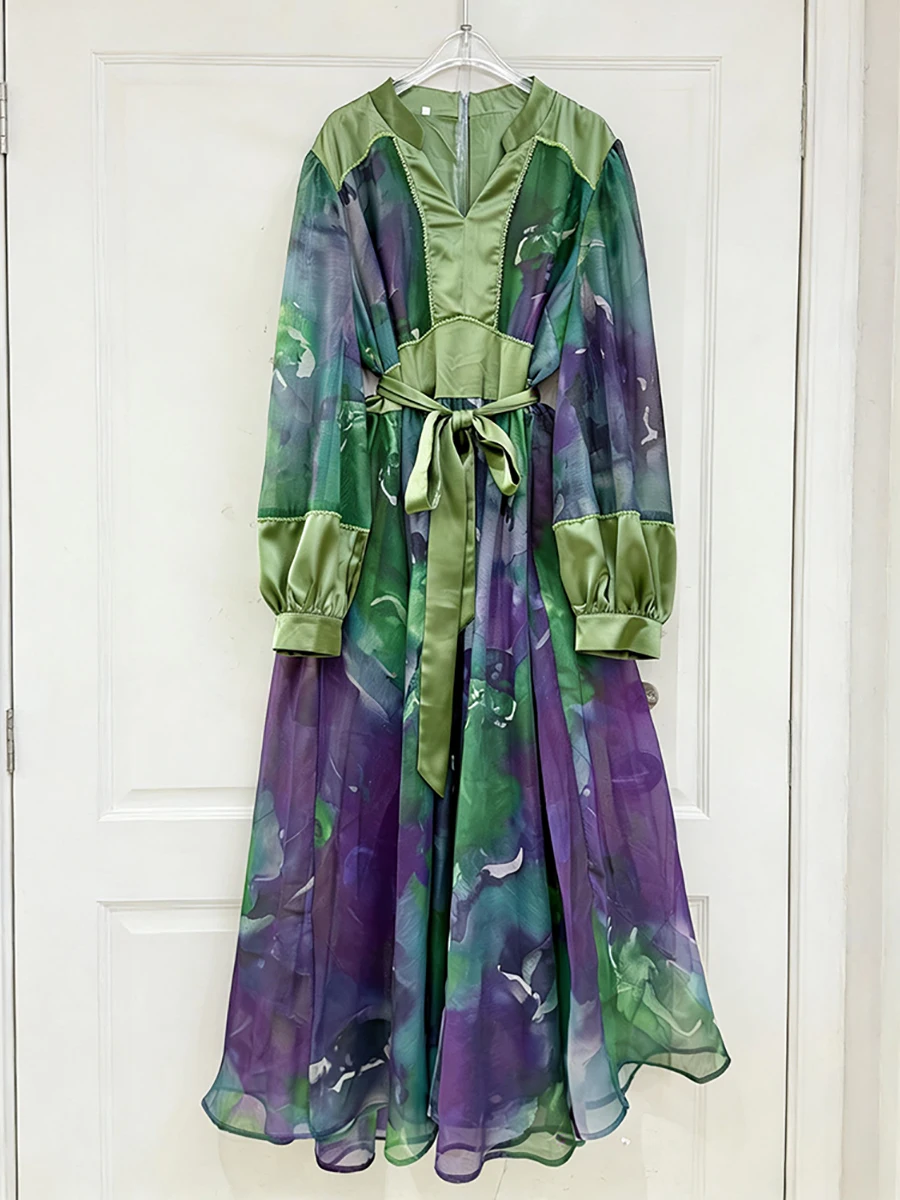 Vgh colorblock impressão malha drapeado vestidos para mulher com decote em v lanterna manga emendado rendas até elegante vintage midi vestido feminino