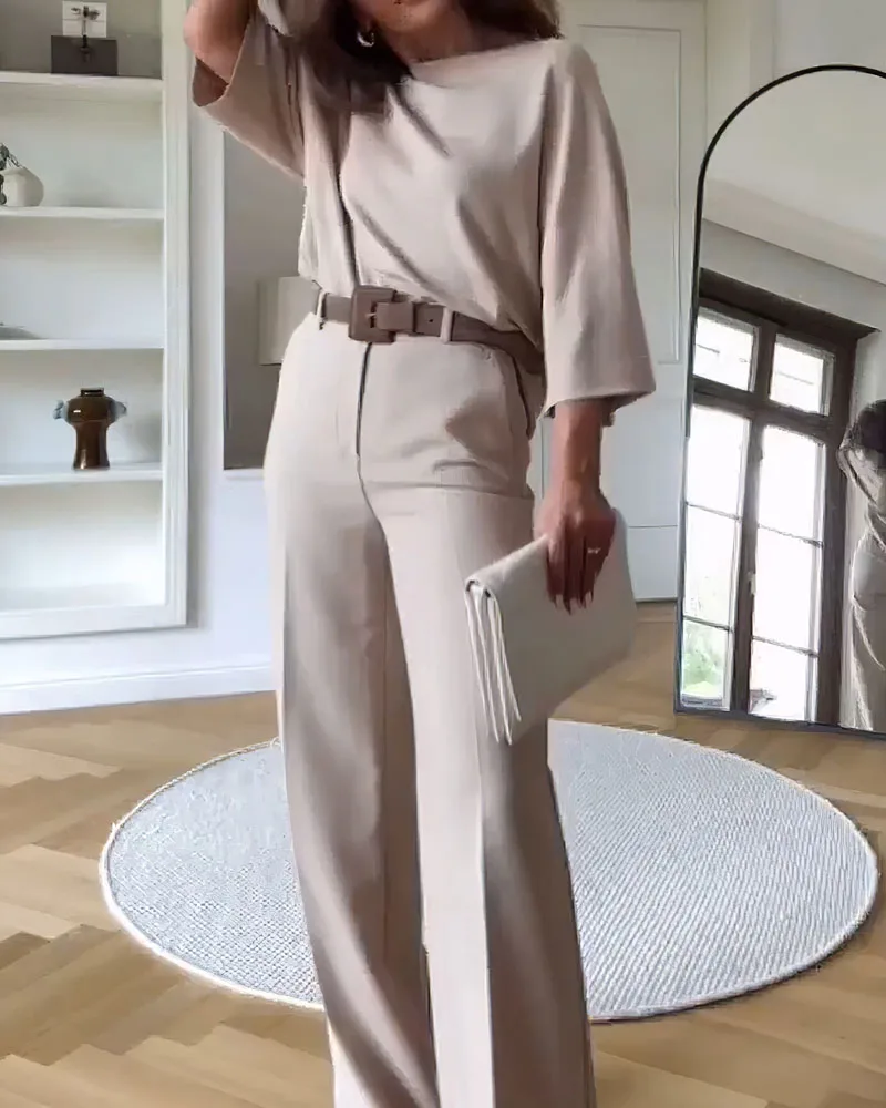 Deioao Office 2-piece Set Tops And Pants For Women\'s Summer Halft Sleeve Beige Slim Elegant Fashion Female Clothing Wide Pant