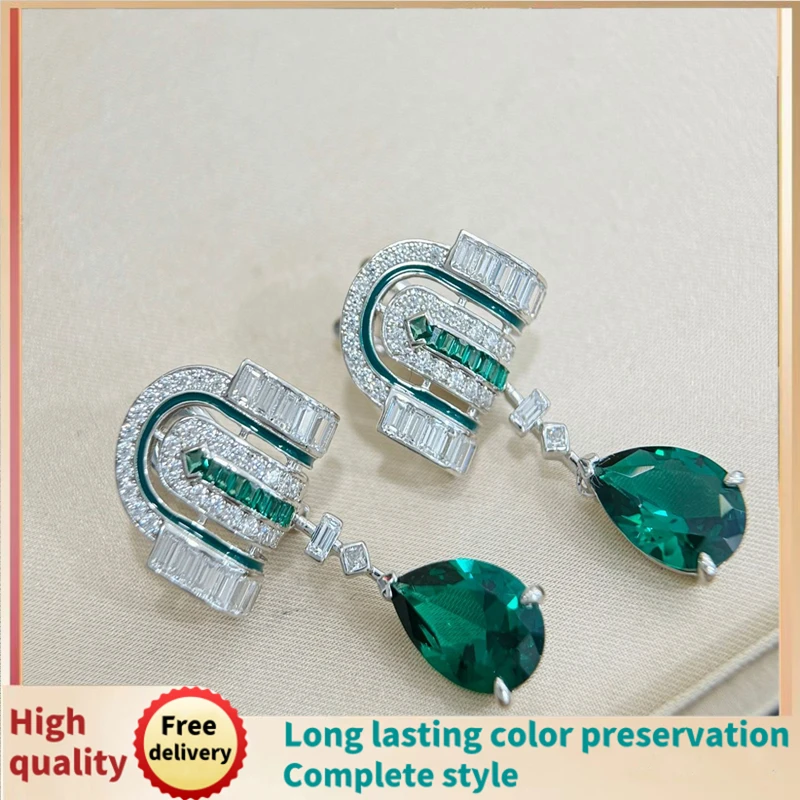 

European and American classic style Mosaic high carbon zircon wood green water drop pear shape simulation emerald earrings woman