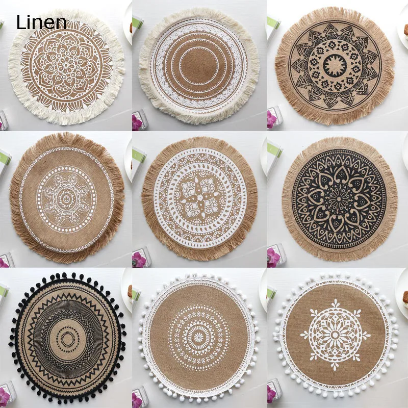 

Table decoration and accessories round Natural Burlap Hessian Jute Printed table place mat Cloth placemat dining coaster kitchen