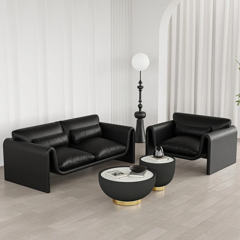 

Sofa small apartment living room simple double luxury online celebrity three-person black leather Italian minimalist sofa