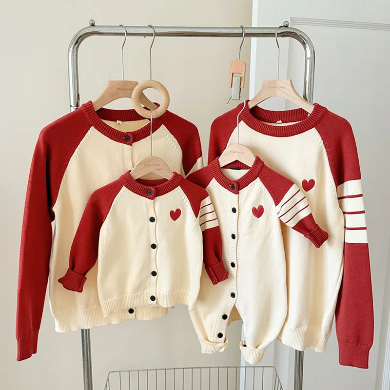

Dad Mom Daughter Son Fashion Knitted Cardigan for Family Matching Clothes Outfits Adult Kids Striped Tops Sweater Pullover New