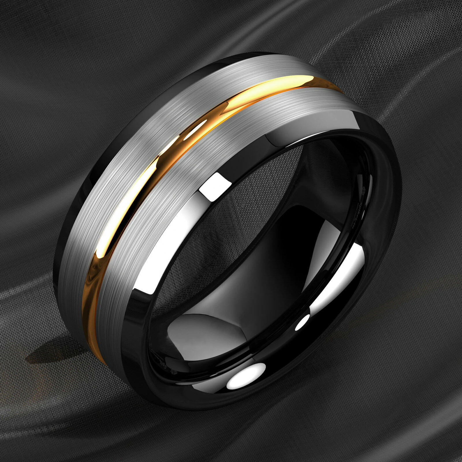 Fashion 8mm Gold Color Groove Men Stainless Steel Rings Silver Color Brushed Black edge Rings For Men Women Wedding Band Jewelry