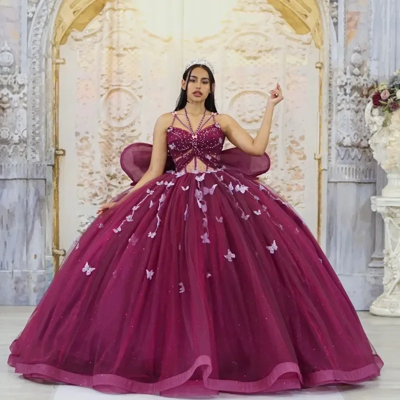 Glittering Burgundy Butterfly Quinceanera Dresses Beads Bow Off-Shoulder Vestidos De 15 Anos Party Prom Princess Birthday Dress