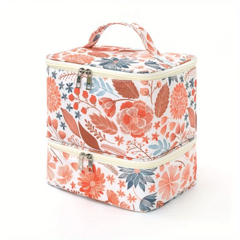 New Floral Print Cosmetic Bag Spacious Double Compartment Toiletries Organizer Stylish Nail Polish Storage Case