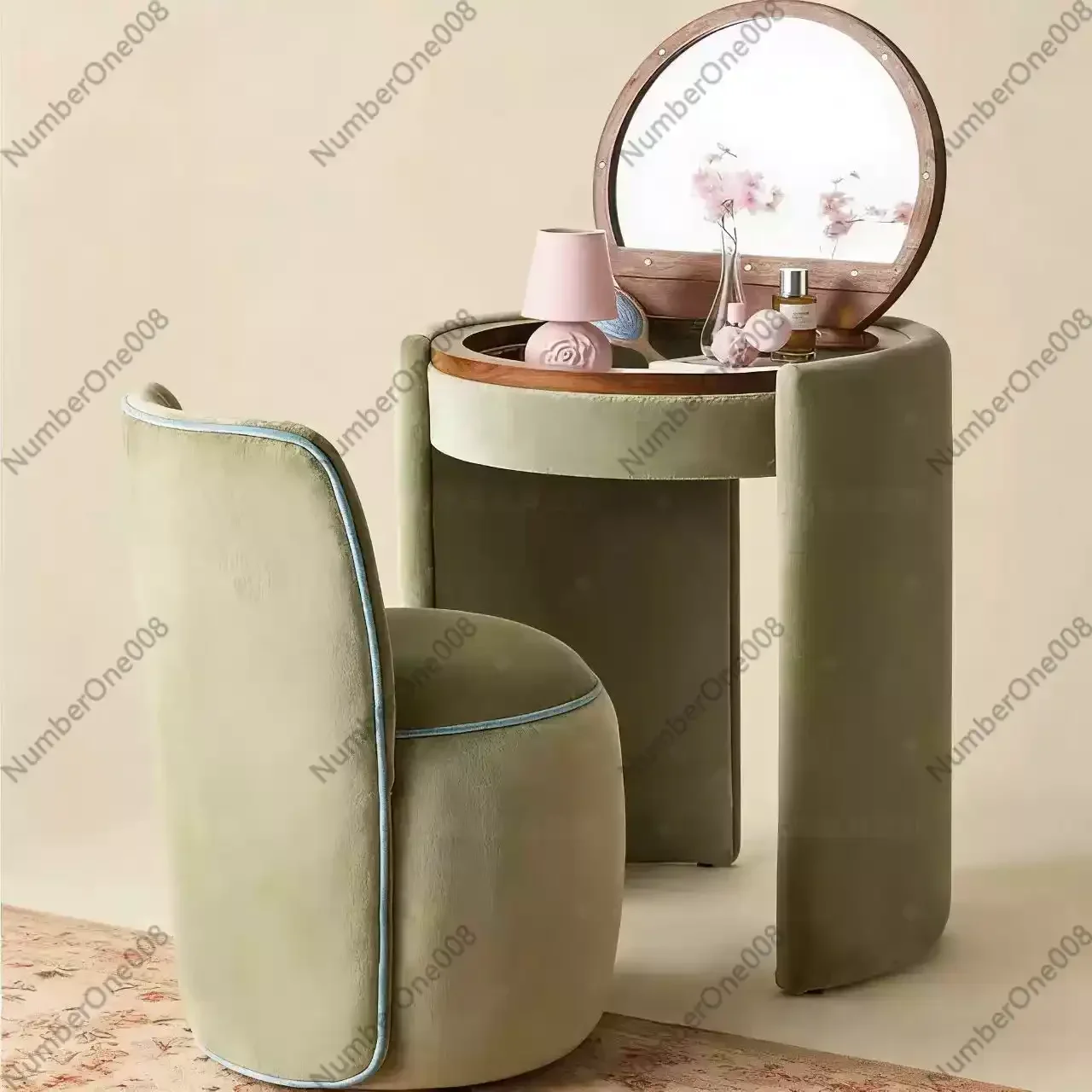 

Ivory Dressing Chair and Mirror Dresser Set Padded Dressing Chair and Flip Round Mirror